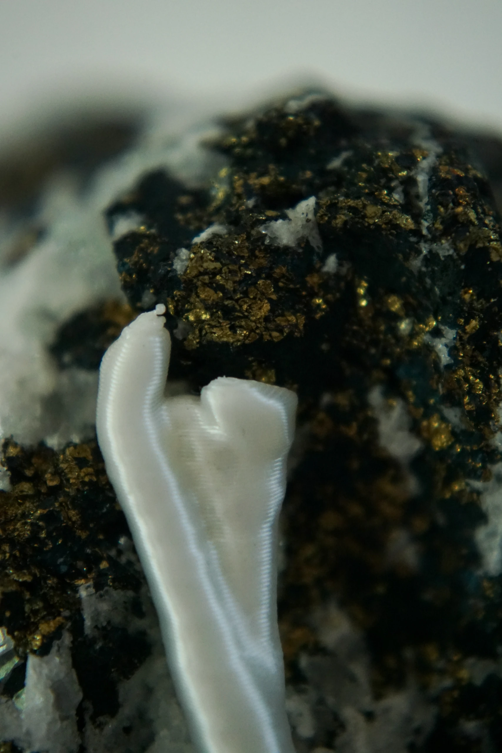 Mineral Cradle, sculpture by Sjors Driessen with a quartz-rich natural stone containing dark and metallic mineral inclusions, held by white branching hyphae-like structures.