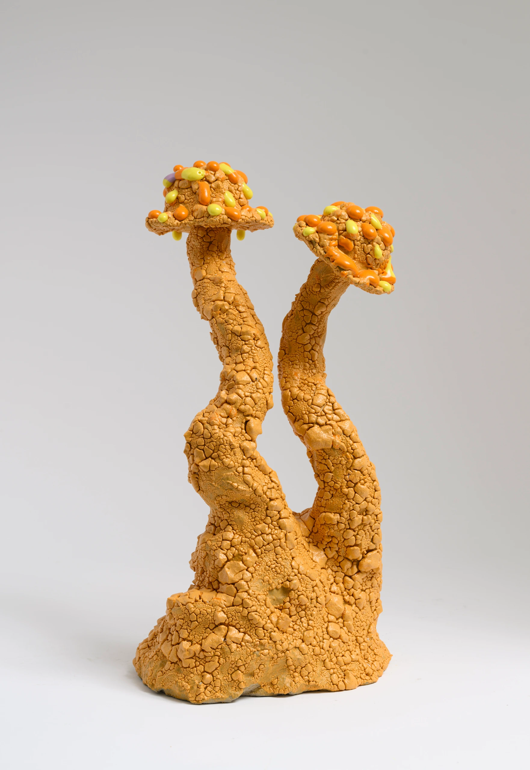 Orange Roundhead (2024), ceramic sculpture by Sjors Driessen with two tall orange mushroom forms and clustered glazed caps.