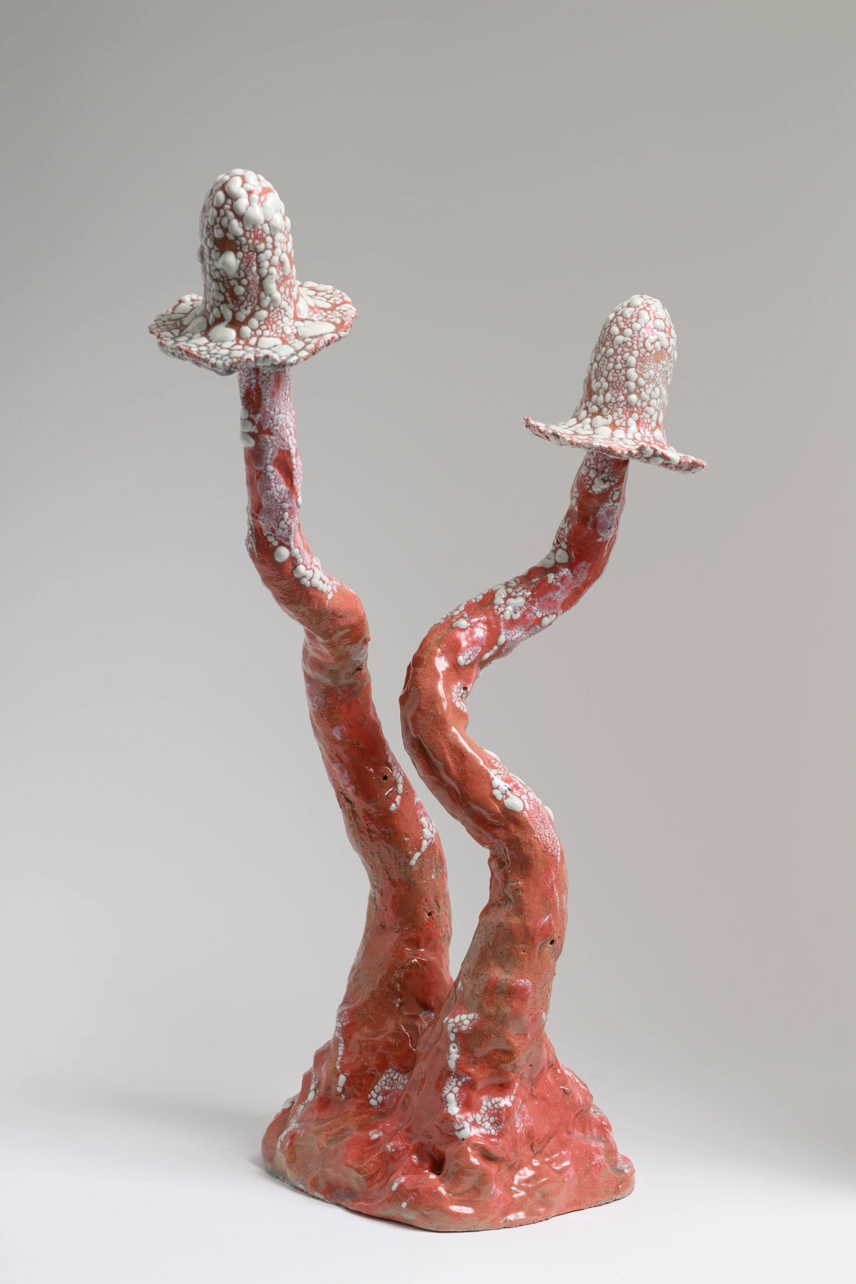 Red Inkcap (2024), ceramic sculpture by Sjors Driessen with two tall curved red stems and white textured mushroom caps.