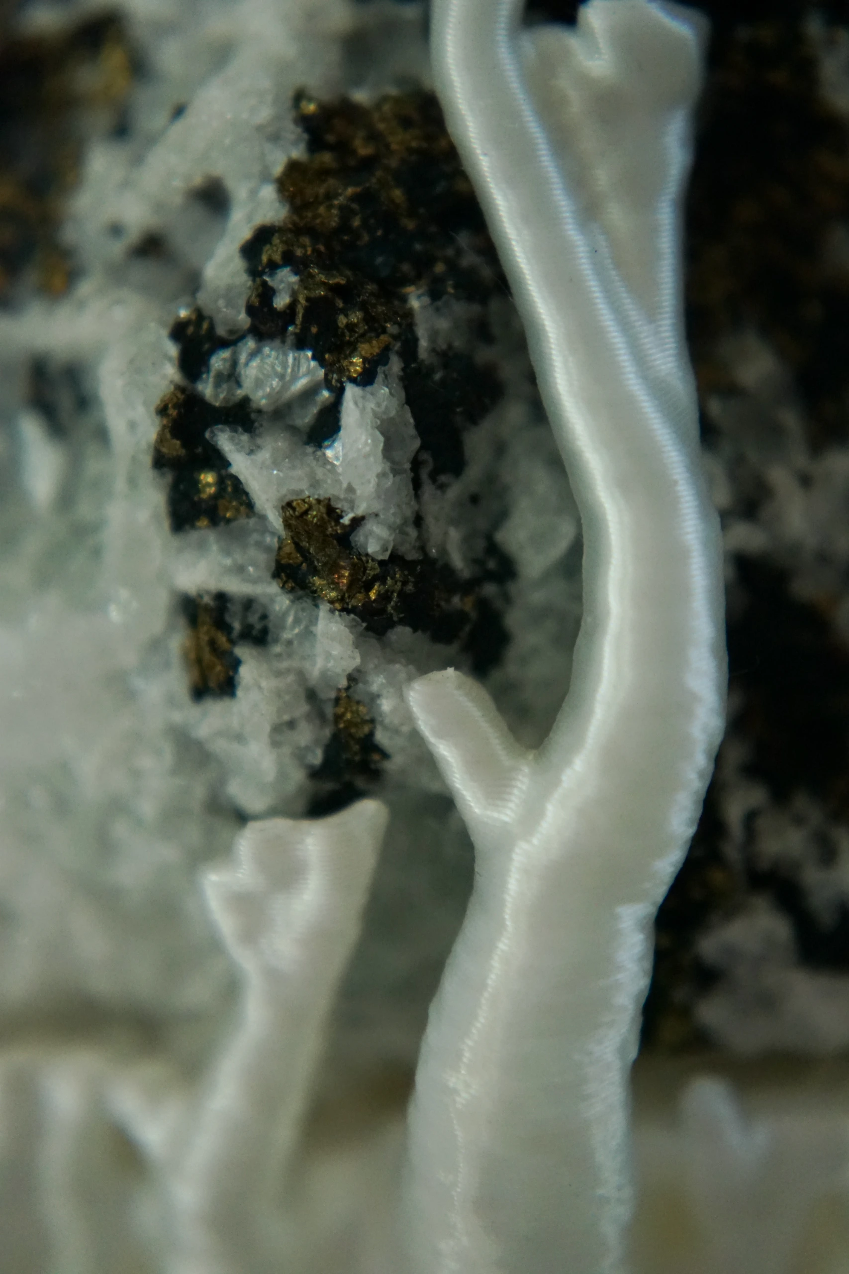 Mineral Cradle, sculpture by Sjors Driessen with a quartz-rich natural stone containing dark and metallic mineral inclusions, held by white branching hyphae-like structures.