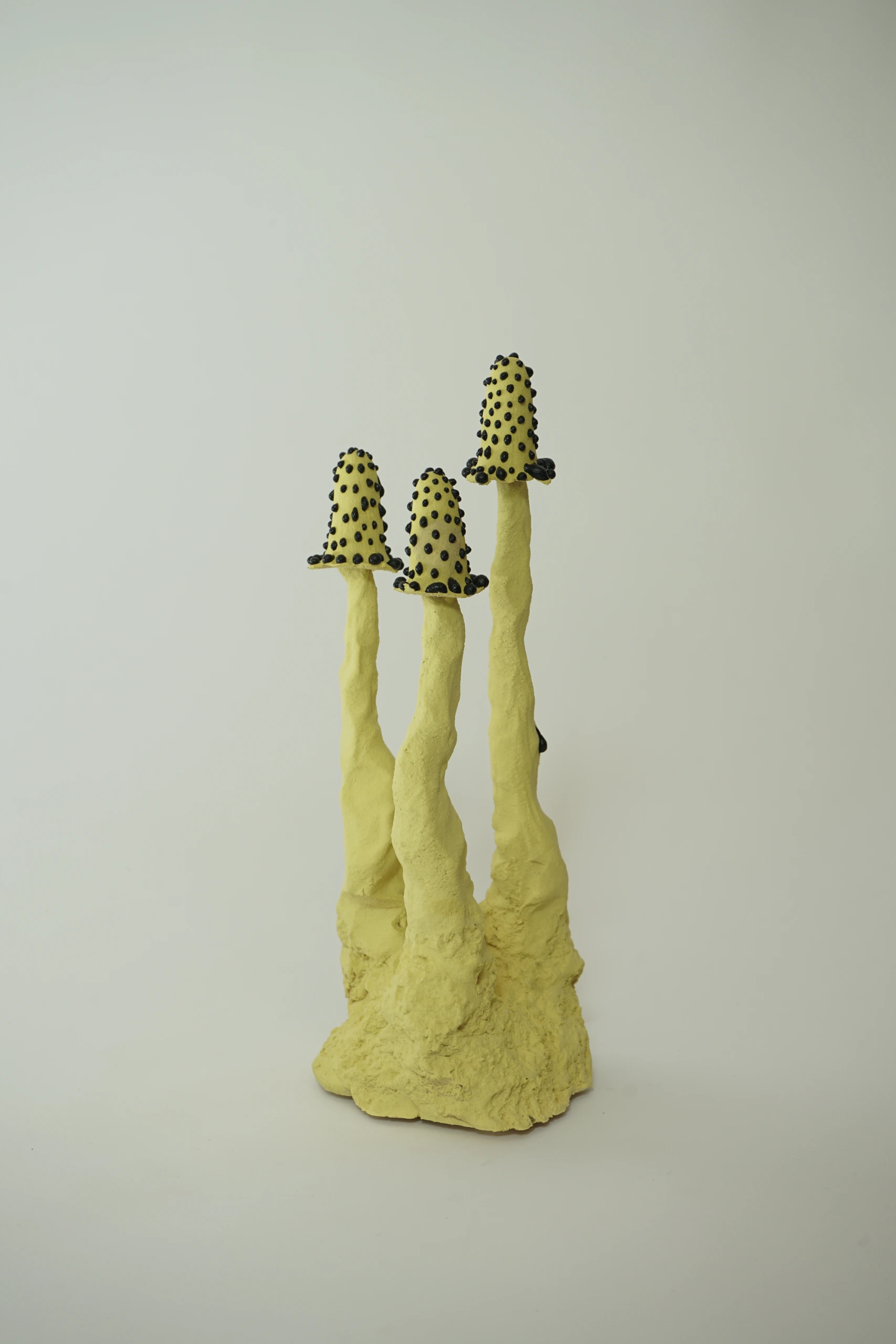 Yellow Black Inkcap (2026), ceramic sculpture by Sjors Driessen with a slender black mushroom-like form finished with textured yellow glaze.