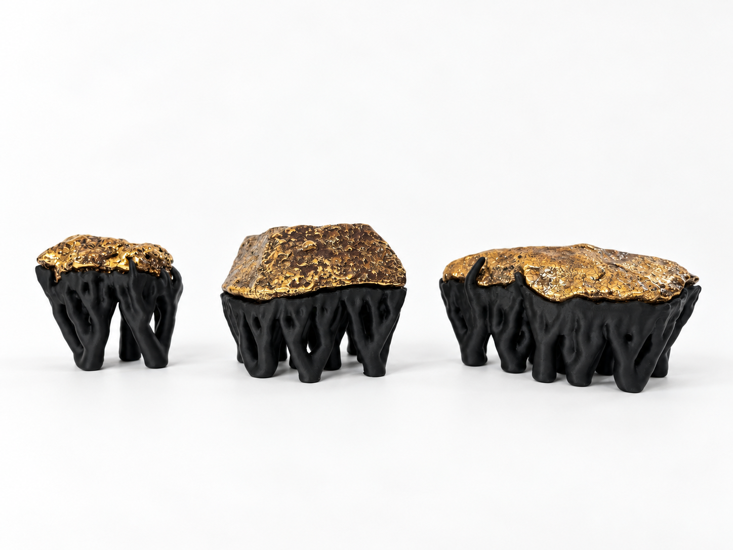 Black Hyphae III (2026), sculpture by Sjors Driessen with three stone forms finished with gold glaze and lustre, supported by matte black branching hyphae-like structures.
