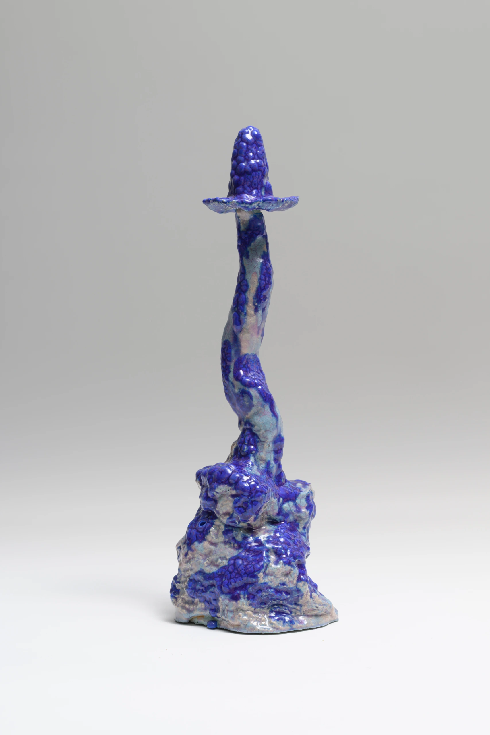 Blue/Purple Inkcaps (2024), ceramic sculpture by Sjors Driessen with clustered slender mushroom forms in iridescent blue, purple and white glaze.