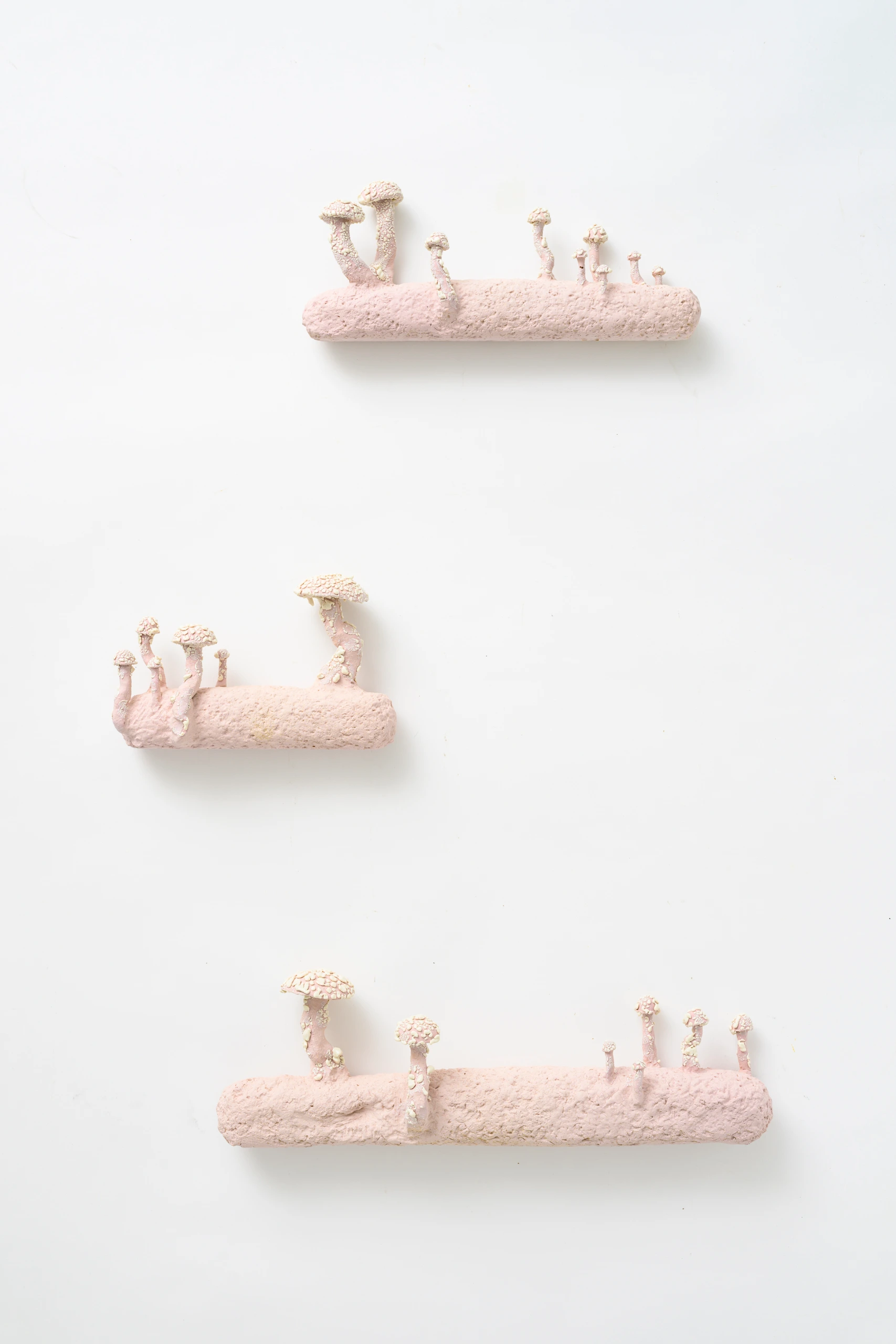 Purple Amanita Muscaria (2024), ceramic wall installation by Sjors Driessen with pale pink fungal forms arranged across the wall.