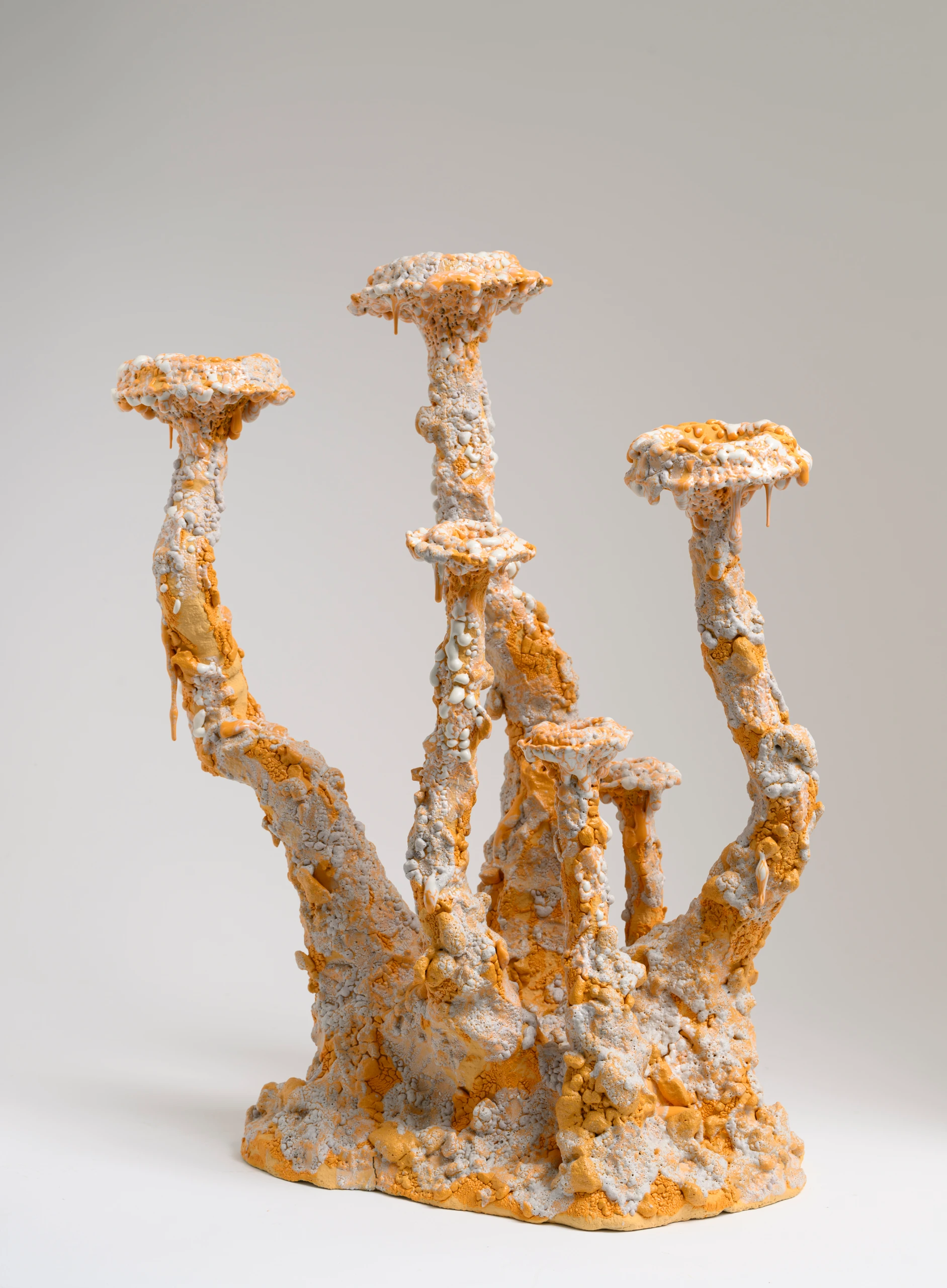 Trumpet Cantharel Court (2024), ceramic sculpture by Sjors Driessen with clustered trumpet-shaped fungal forms in white and orange glaze.