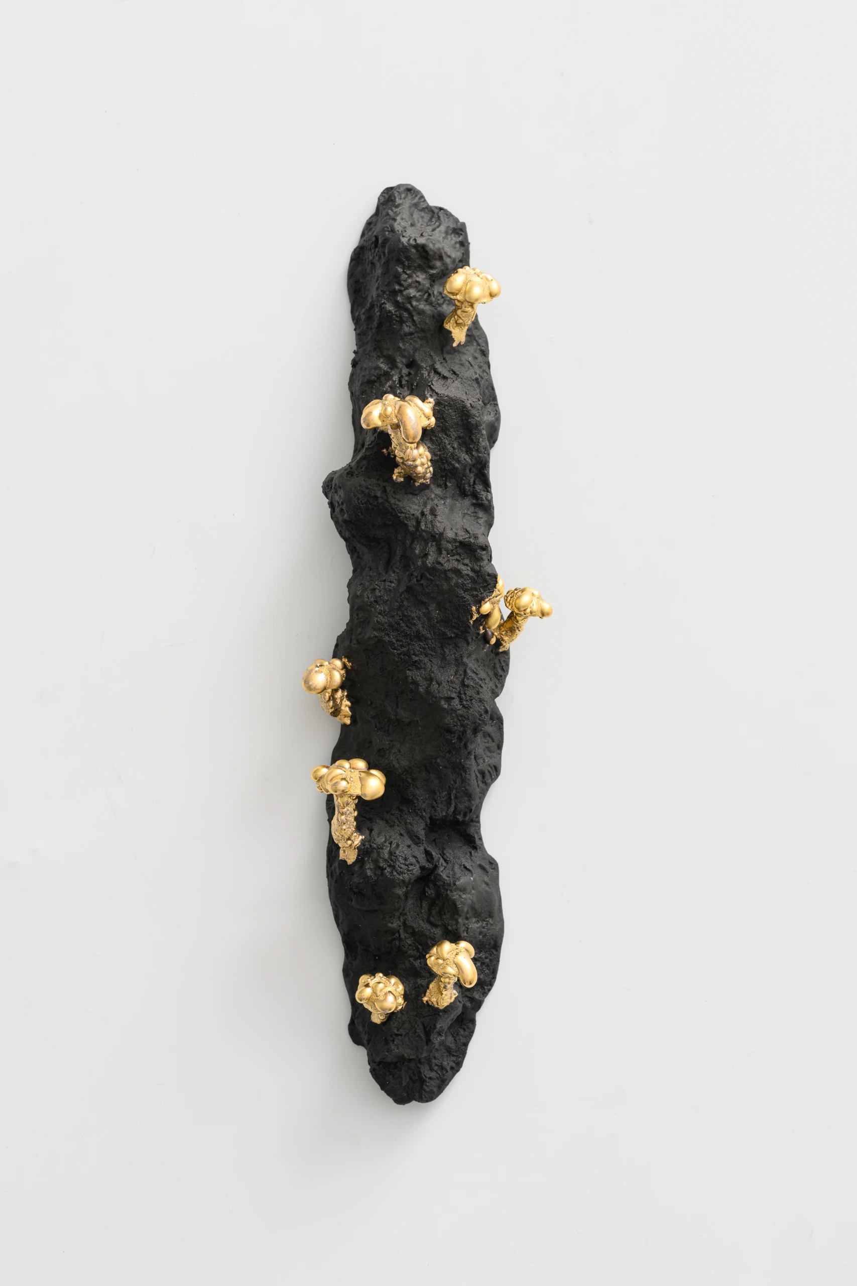 Gold Inkcaps (2024), ceramic wall sculpture by Sjors Driessen with small gold fungal growths emerging from a dark organic form.